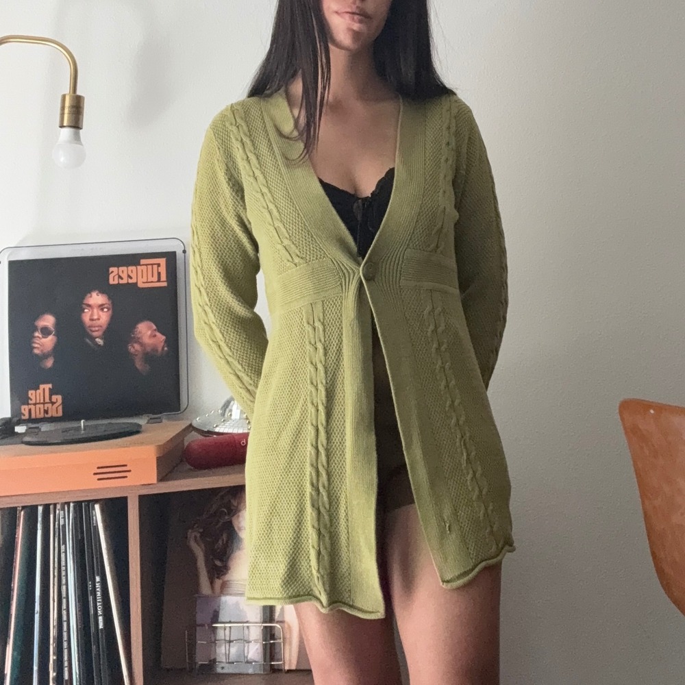 Lizwear Liz Claiborne Olive Green Cable Knit Empire Waist Cardigan Sweater Large
